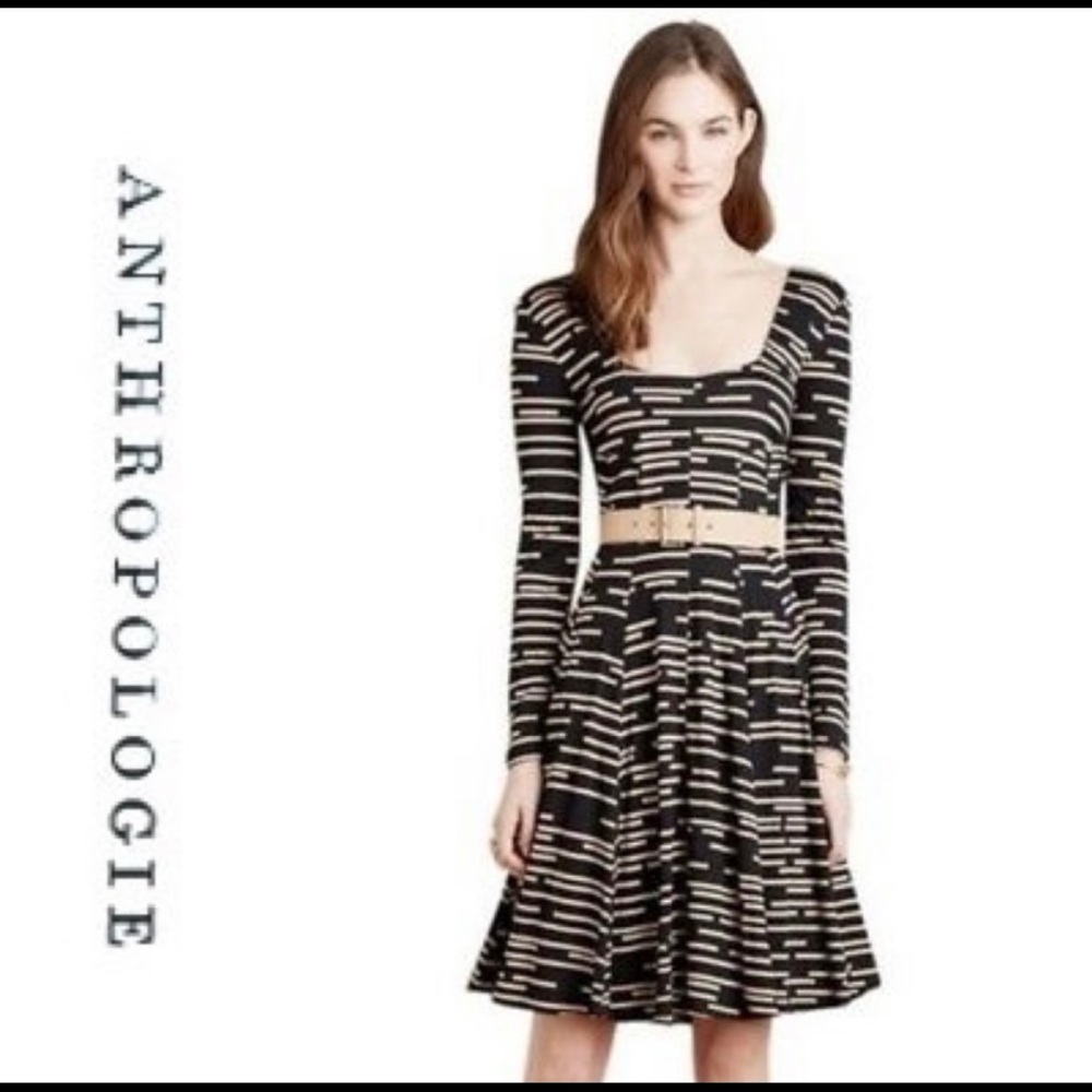 HD in Paris Anthropologie brown & Black stripe long sleeve fit & flare D…